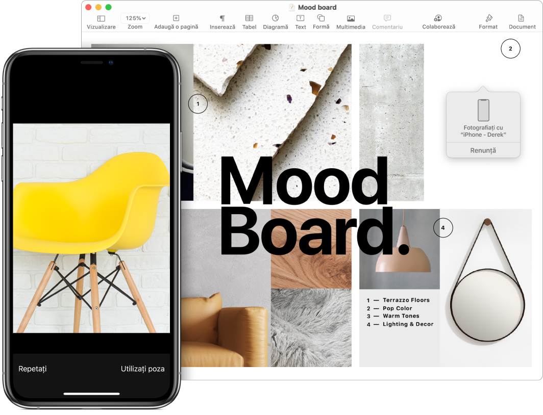 Un iPhone care afișează o poză și ecranul unui Mac afișând un document Pages cu o casetă de indicație în locul unde va fi imaginea.
