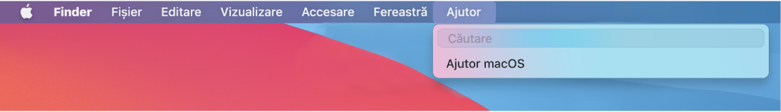 O parte din desktop cu meniul Ajutor deschis, afișând opțiunile de meniu pentru Căutare și Ajutor macOS.