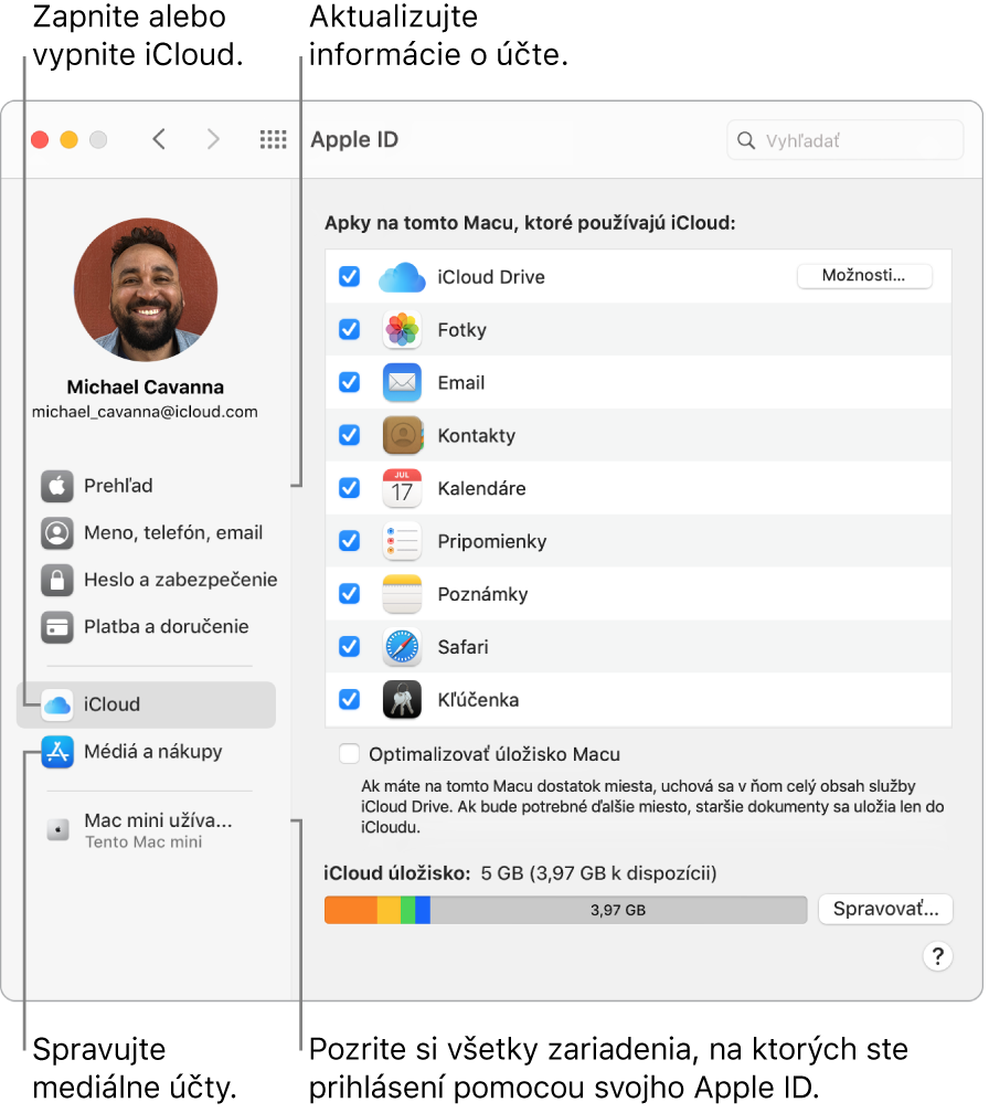 Panel Apple ID v Systémových nastaveniach. Po kliknutí na rôzne položky v postrannom paneli môžete aktualizovať údaje o svojom účte, zapnúť alebo vypnúť iCloud, spravovať mediálne účty alebo zobraziť všetky zariadenia prihlásené pod vaším Apple ID.