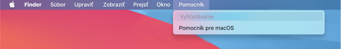 Časť plochy s otvoreným menu Pomocník zobrazujúca možnosti Vyhľadať a Pomocník pre macOS.