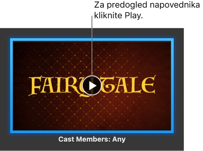 Zaslon napovednika iMovie, ki prikazuje gumb »Play« (Predvajaj).