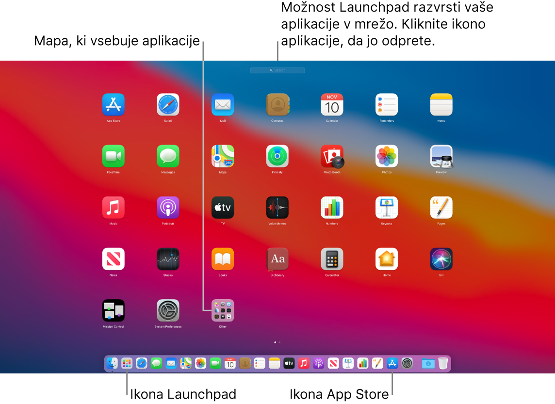 Zaslon Mac z odprtim zaganjalnikom aplikacij Launchpad, prikazano mapo aplikacij v zaganjalniku Launchpad ter ikonama Launchpad in App Store v vrstici Dock.