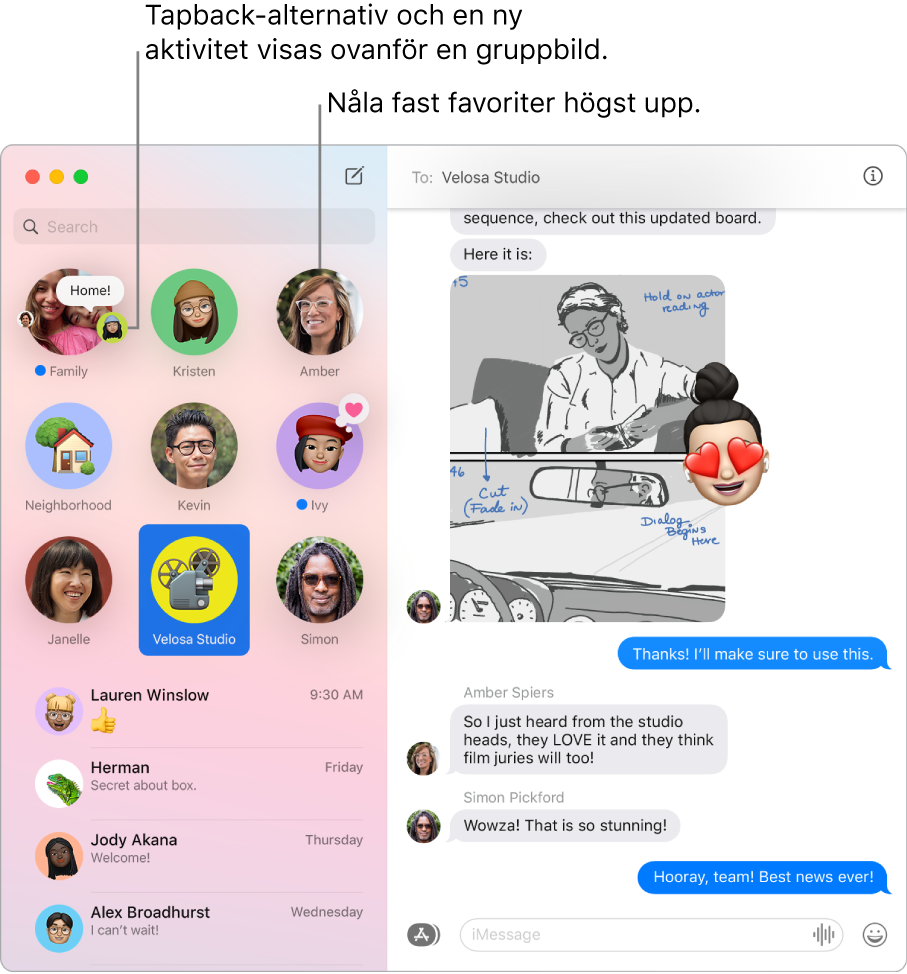 Ett Meddelanden-fönster med gruppkonversationer fastnålade högst upp i vänstra kolumnen.