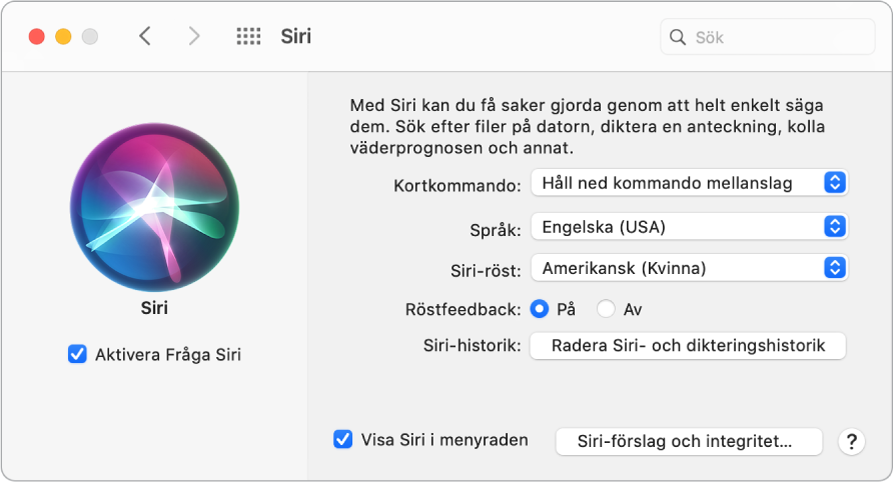 Inställningsfönstret för Siri med Aktivera Prata med Siri markerat till vänster och flera alternativ för anpassning av Siri till höger.