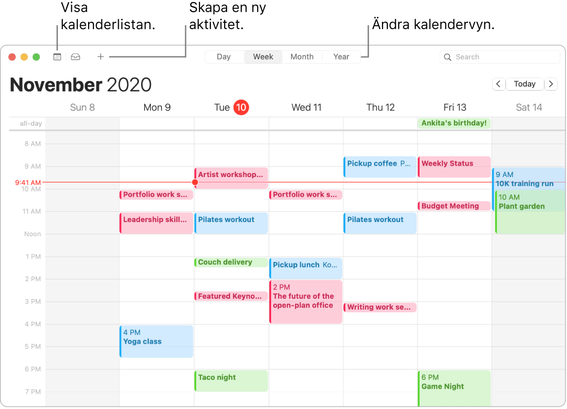 Ett Kalender-fönster som illustrerar hur du skapar en aktivitet, visar kalenderlistan och väljer dag-, vecko-, månads- eller årsvyn.