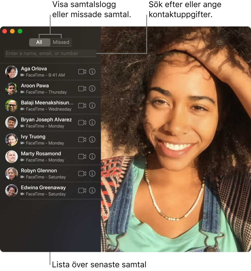 Ett FaceTime-fönster som illustrerar hur du ringer video- eller ljudsamtal, använder sökfältet till att ange eller söka efter kontaktdetaljer och visar listan över de senaste samtalen.