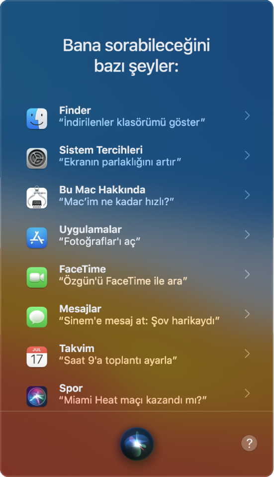 “Bana sorabileceğiniz bazı şeyler” başlığı ile “Galatasaray maçı kazandı mı?” gibi örnek Siri sorgularını gösteren bir Siri penceresi.