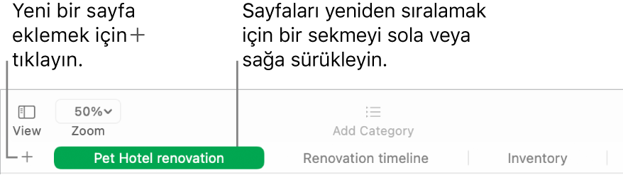 Nasıl yeni sayfa ekleyeceğinizi ve sayfaların sırasını değiştirebileceğinizi gösteren Numbers penceresi.