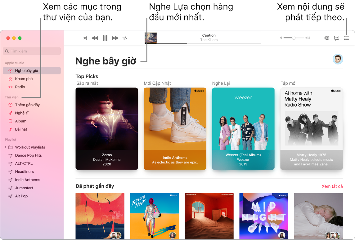 Một cửa sổ ứng dụng Nhạc đang minh họa cách xem thư viện của bạn, nghe Apple Music và xem bài nào sẽ phát tiếp theo.