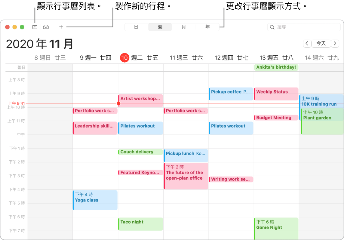 「行事曆」視窗，其中顯示如何製作行程、顯示行事曆列表，以及選擇「日」、「週」、「月」和「年」的顯示方式。