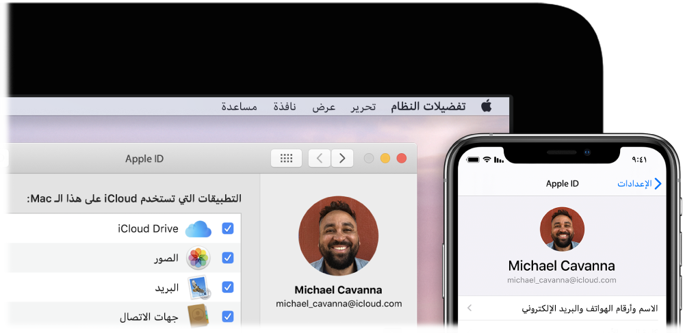 جهاز iPhone يعرض إعدادات iCloud وشاشة Mac تعرض نافذة iCloud.