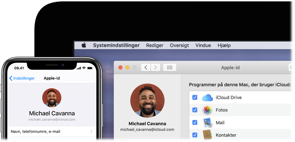 En iPhone viser iCloud-indstillinger og en Mac-skærm viser iCloud-vinduet.