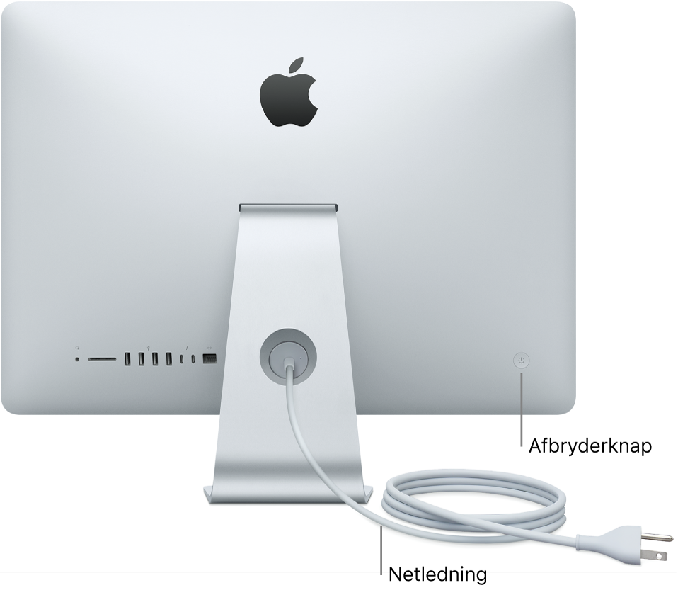 iMac set bagfra med netledning og afbryderknap.