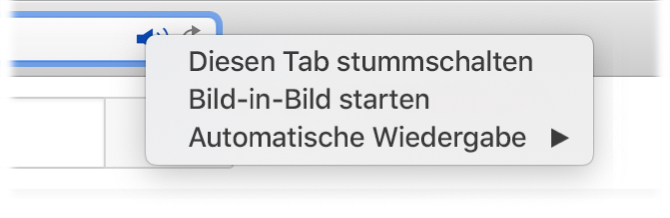 Das Untermenü für das Symbol „Audio“ mit den Objekten „Diesen Tab stummschalten“, „Bild-in-Bild starten“ und „Automatische Wiedergabe“.