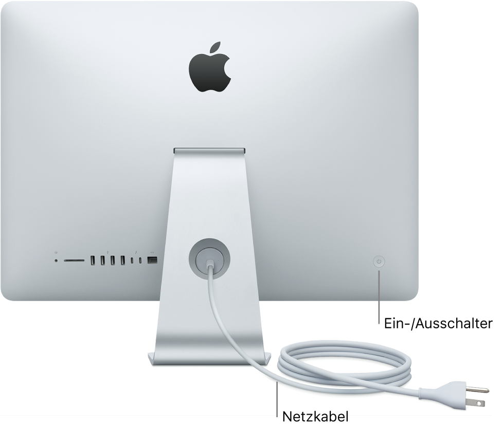 Rückansicht des iMac mit Netzkabel und Ein-/Ausschalter.