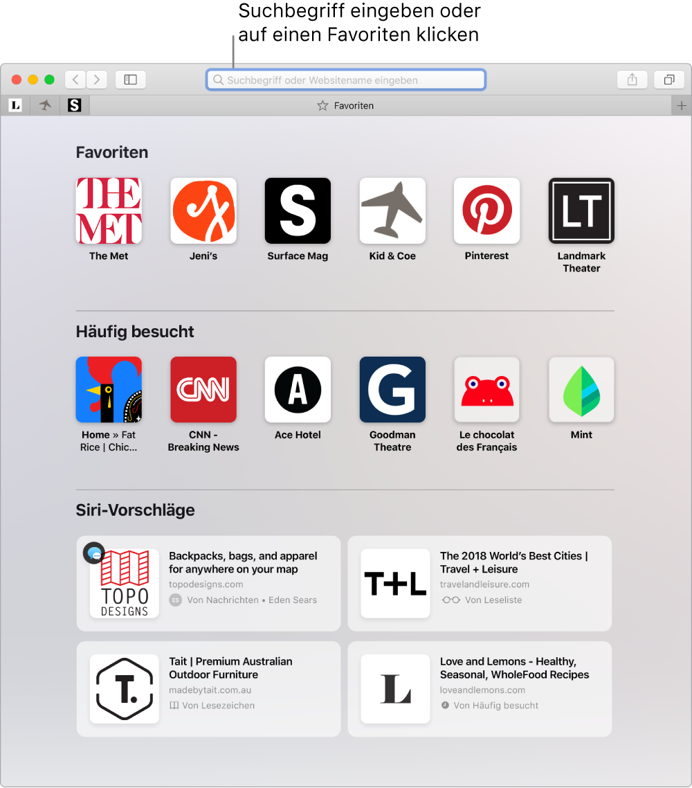 Ein Safari-Fenster, in dem die Favoriten-Darstellung und das hervorgehobene Feld für die intelligente Suche angezeigt werden
