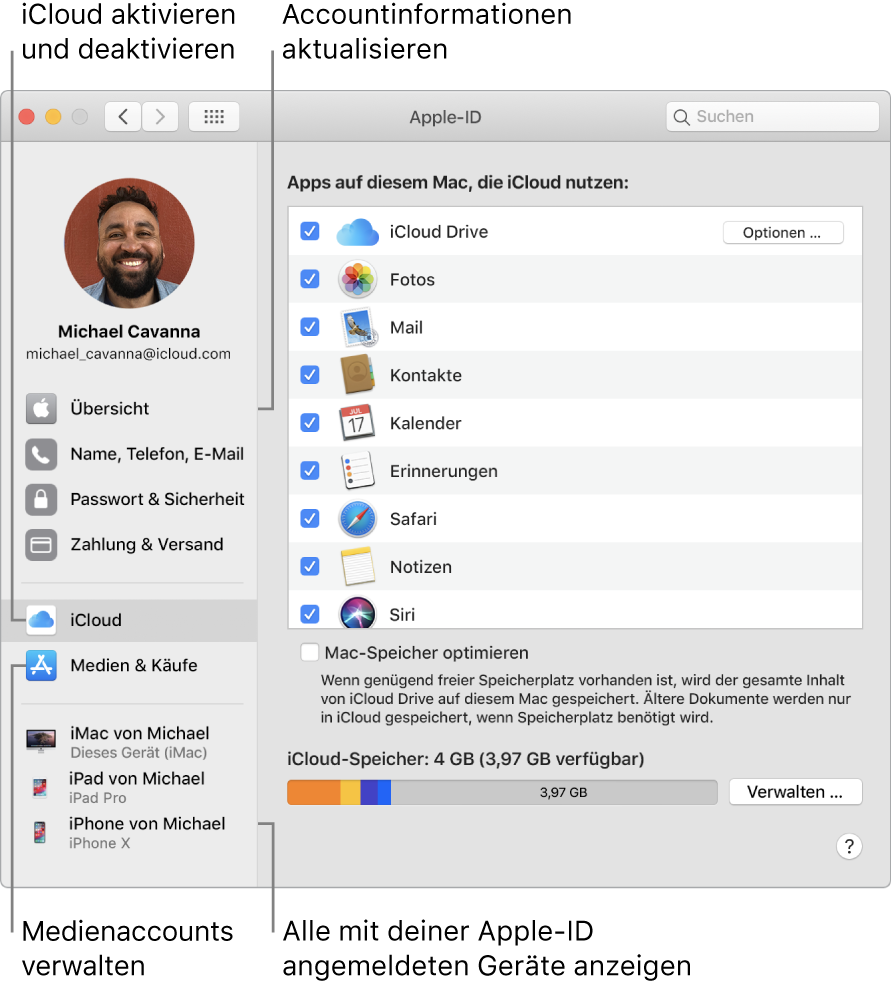 Der Bereich „Apple-ID“ der Systemeinstellungen. Klicke auf ein Objekt in der Seitenleiste, um deine Accountinformationen zu aktualisieren, iCloud zu aktivieren oder zu deaktivieren, Medienaccounts zu verwalten und alle mit deiner Apple-ID angemeldeten Geräte anzuzeigen.