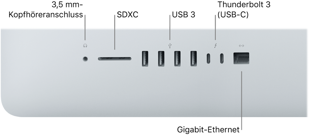 Ein iMac mit 3,5-mm-Kopfhöreranschluss, SDXC-Steckplatz, USB 3-Anschlüssen, Thunderbolt 3-Anschlüssen (USB-C) und Gigabit-Ethernetanschluss