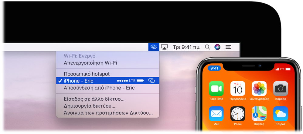 Μια οθόνη του Mac στην οποία το μενού Wi-Fi εμφανίζει ένα Προσωπικό hotspot συνδεδεμένο σε ένα iPhone.