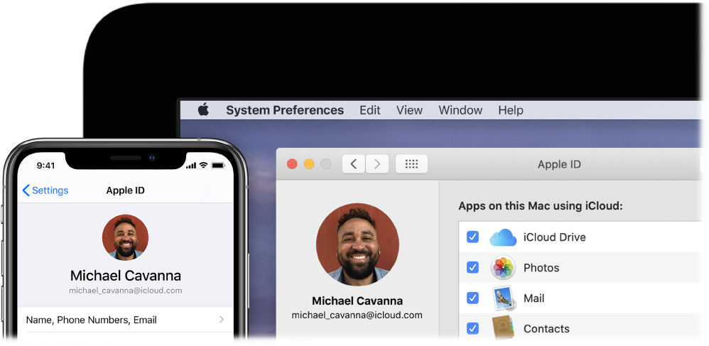 An iPhone showing iCloud settings, and a Mac screen showing the iCloud window.