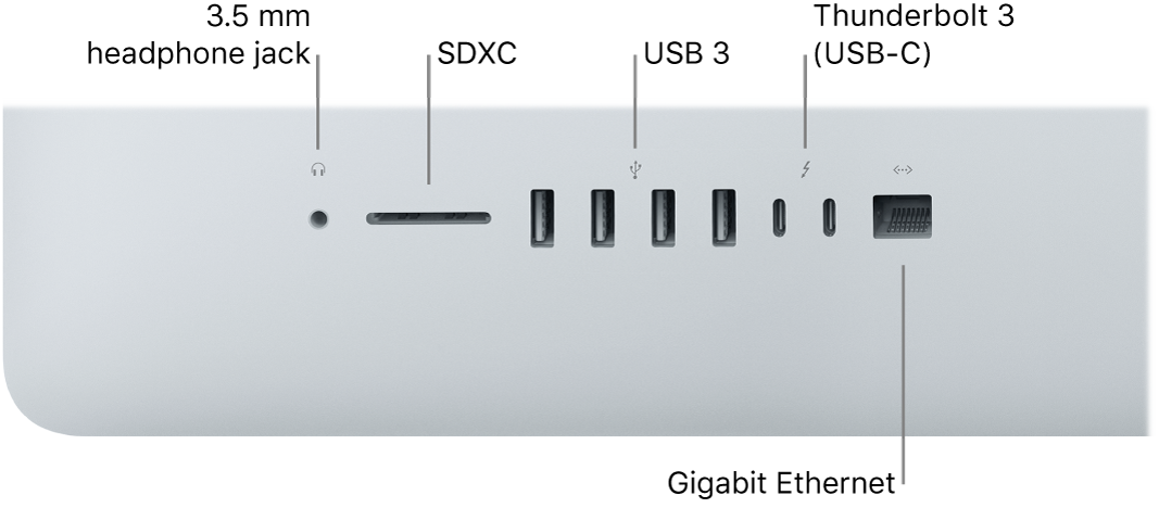 An iMac showing the 3.5 mm headphone jack, SDXC slot, USB 3 ports, Thunderbolt 3 (USB-C) ports, and Gigabit Ethernet port.