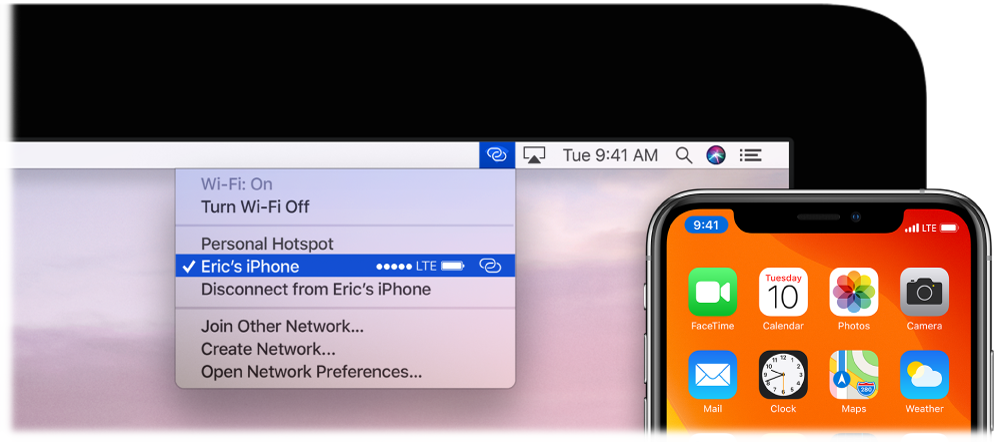 A Mac screen with the Wi-Fi menu showing a Personal Hotspot connected to an iPhone.