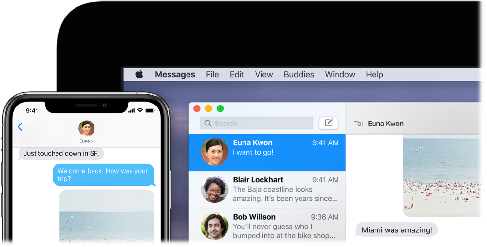 The Messages app open on a Mac, showing the same conversation in Messages on an iPhone.