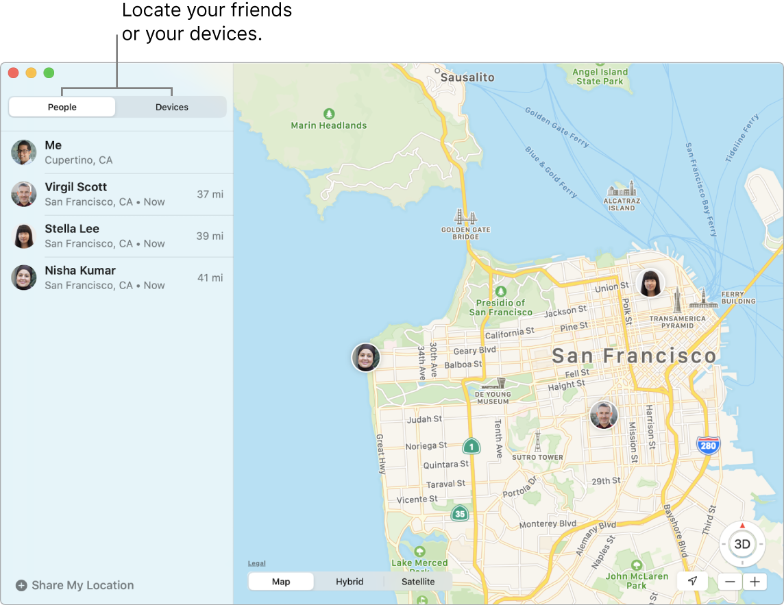 You can locate your friends or your devices by clicking the People or Devices tabs. A map of San Francisco with the locations of three friends: Virgil Scott, Stella Lee, and Nisha Kumar.