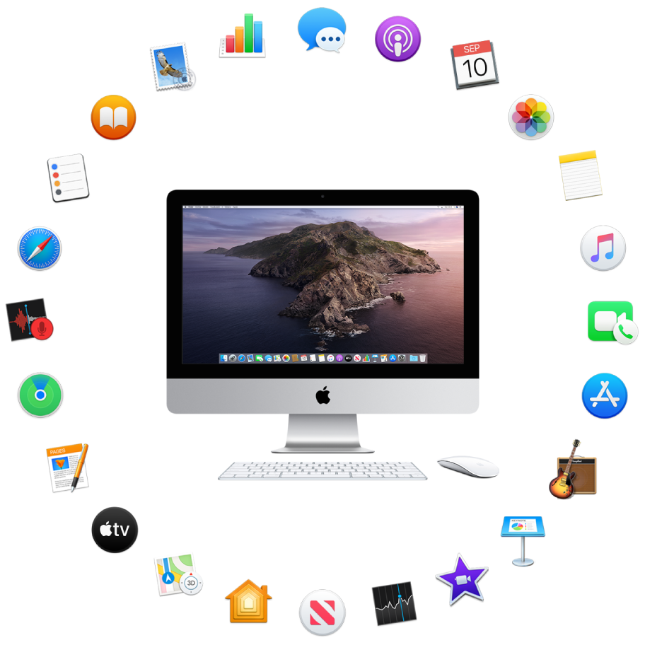 Una iMac rodeada de los íconos de las apps integradas y que se describen en las siguientes secciones.