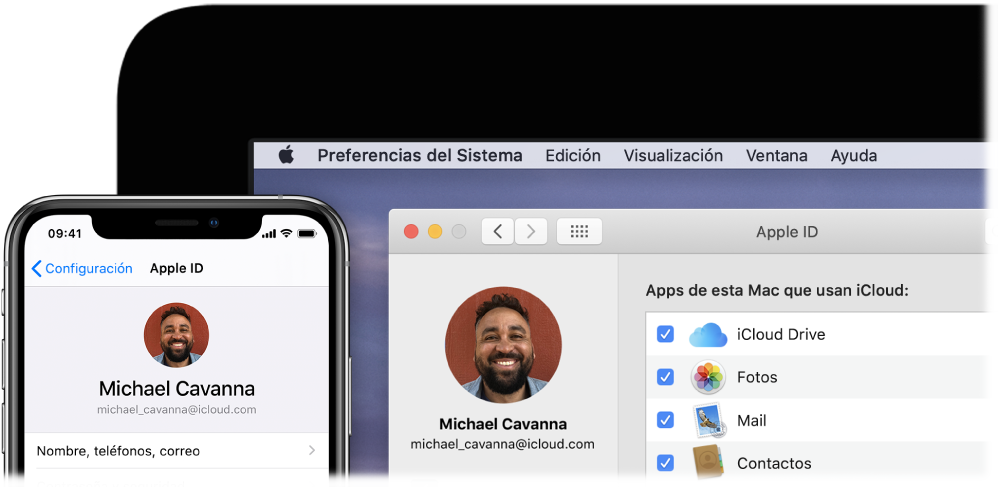 Un iPhone mostrando la configuración de iCloud y una Mac mostrando la ventana de iCloud.