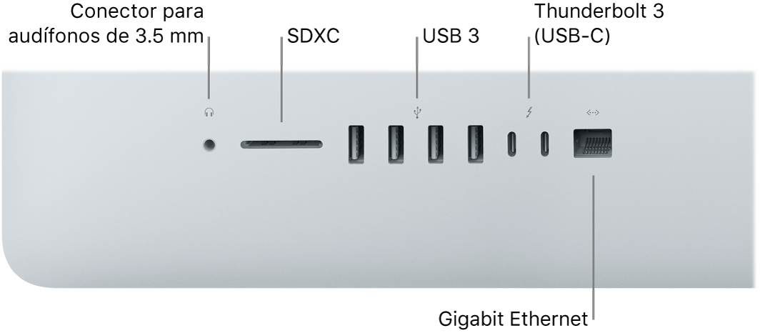 Una iMac mostrando el conector para audífonos de 3.5 mm, puerto SDXC, puertos USB 3, puertos Thunderbolt 3 (USB-C) y el puerto Gigabit Ethernet.