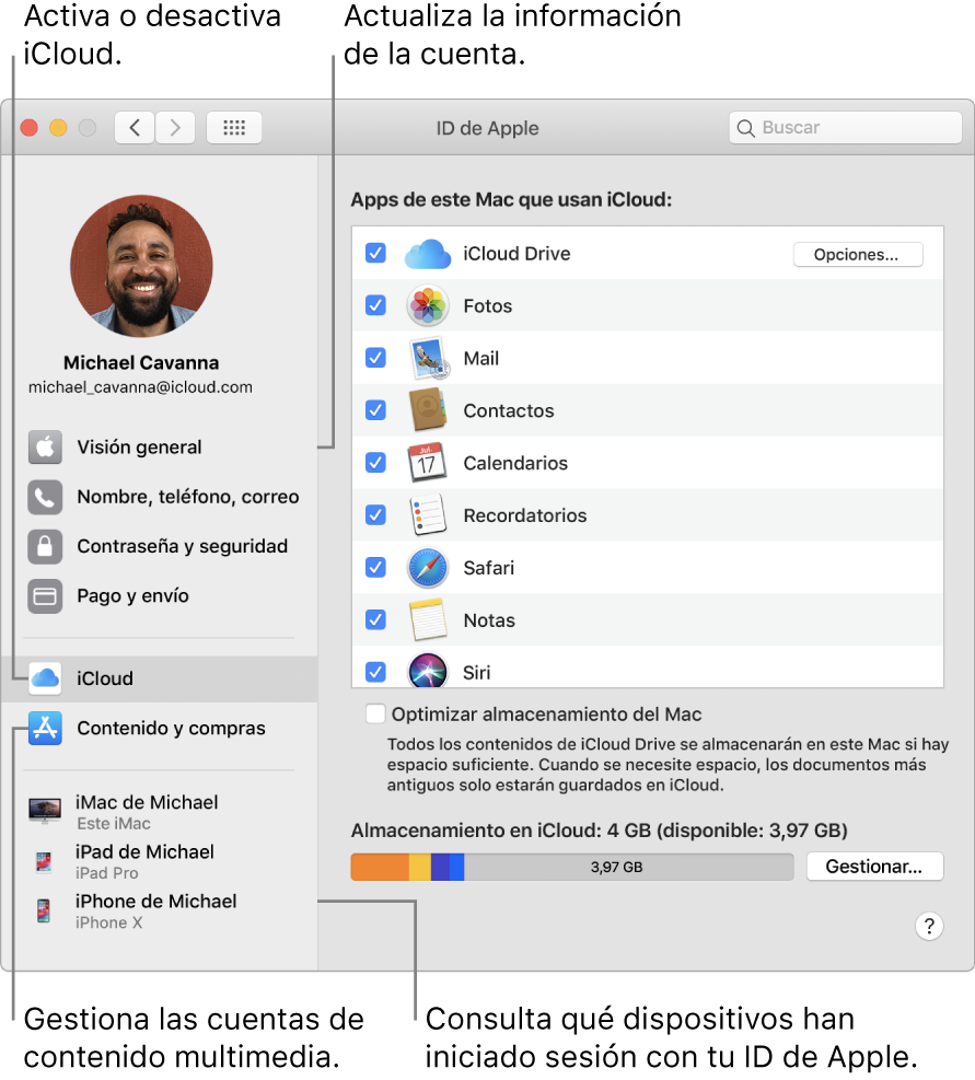 El panel ID de Apple de Preferencias del Sistema. Haz clic en un ítem de la barra lateral para actualizar la información de tu cuenta, activar o desactivar iCloud, gestionar tus cuentas de redes sociales y ver todos los dispositivos que han iniciado sesión con tu ID de Apple.