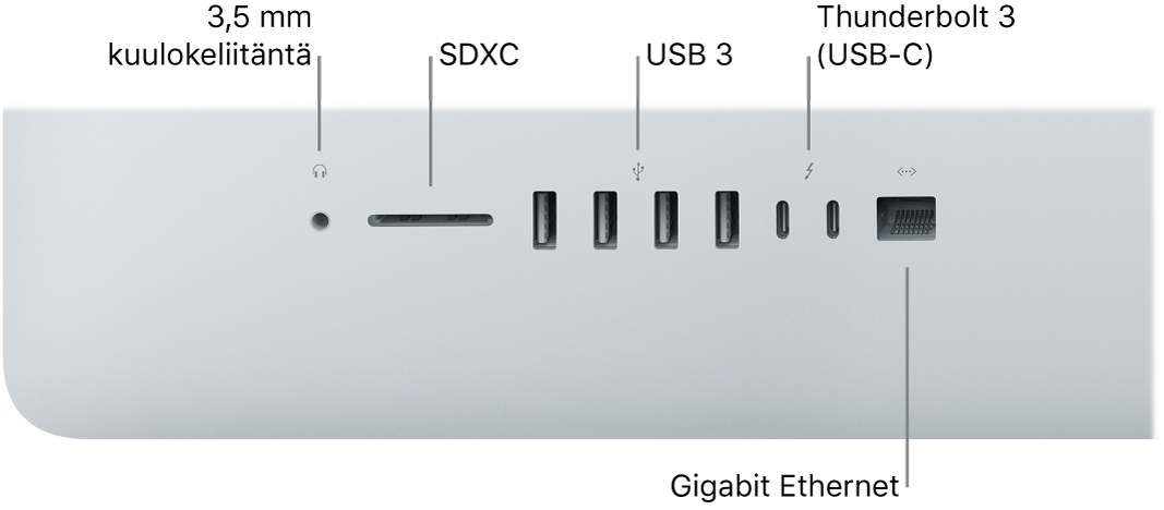 iMac, jossa näkyy 3,5 mm kuulokeliitäntä, SDXC-paikka, USB 3- ja Thunderbolt 3 (USB-C) -portit sekä Gigabit Ethernet -portti.