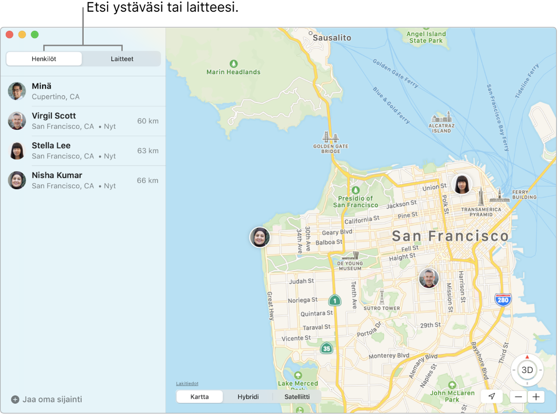Voit etsiä ystäväsi tai laitteesi klikkaamalla Ihmiset- tai Laitteet-välilehtiä. San Franciscon kartta, jossa näkyvät kolmen ystävän sijainnit: Virgil Scottin, Stella Leen ja Nisha Kumarin.