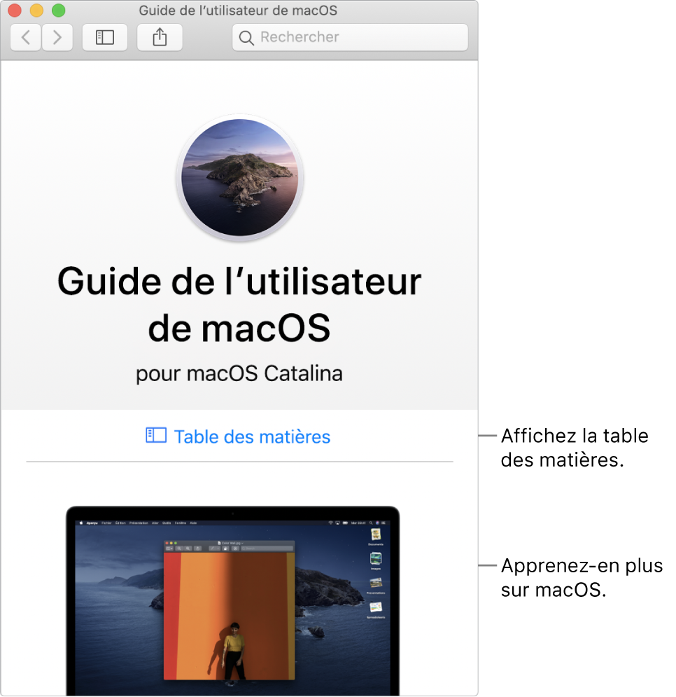 La page d’accueil du Guide de l’utilisateur de macOS présentant le lien Table des matières.