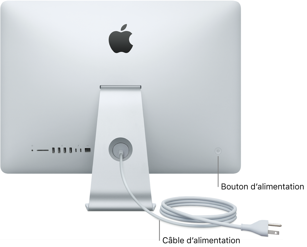 Vue arrière de l’iMac, présentant le câble d’alimentation CA et le bouton d’alimentation.