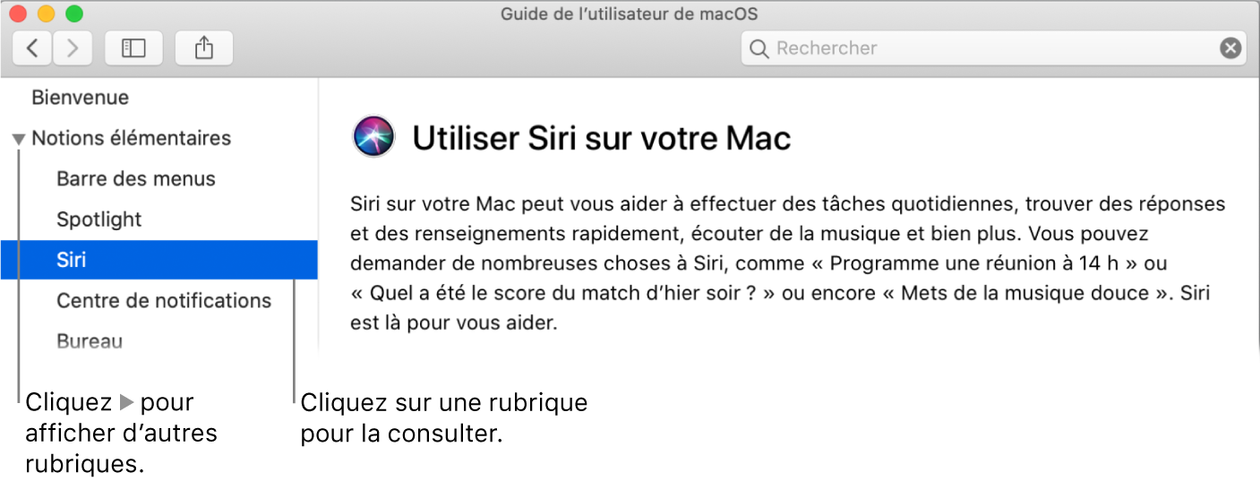 Visualisation Aide indiquant comment afficher les rubriques situées dans la barre latérale et comment afficher le contenu d’une rubrique.