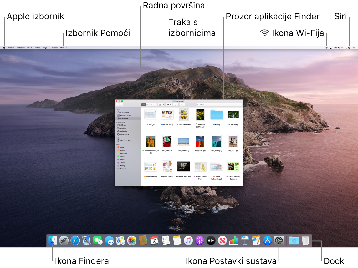 Zaslon Maca prikazuje Apple izbornik, izbornik Pomoći, radnu površinu, traku s izbornicima, prozor Findera, ikonu Wi-Fi statusa, ikonu Pitajte Siri, ikonu Findera, ikonu Postavki sustava i Dock.