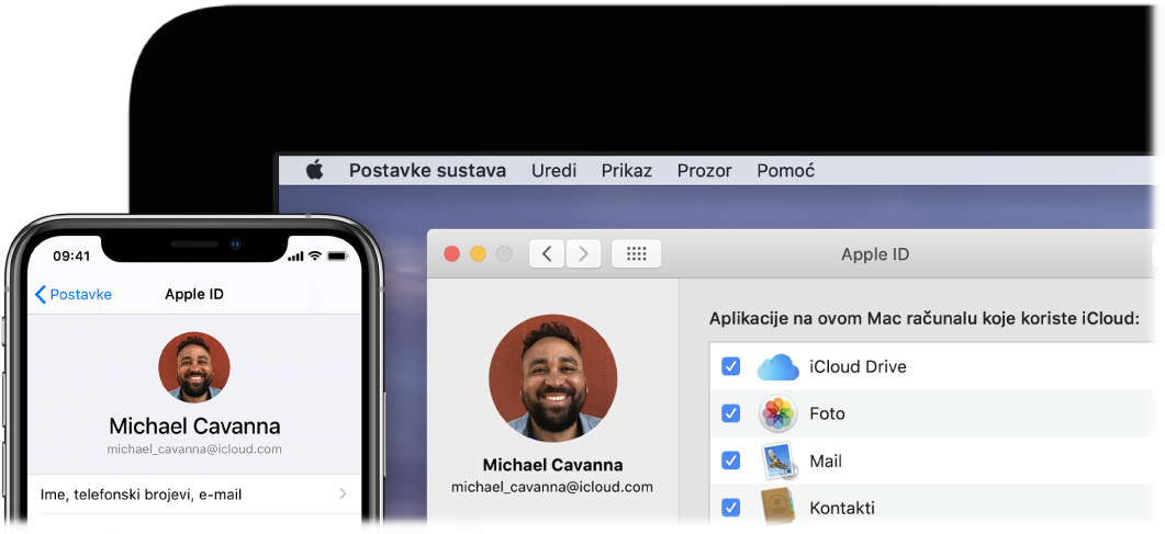 iPhone prikazuje iCloud postavke, a zaslon Maca prikazuje iCloud prozor.
