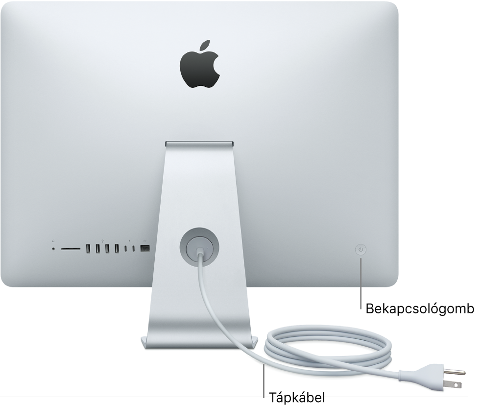 Egy iMac hátsó oldala, amelyen a váltóáramú tápkábel és a bekapcsológomb látható.