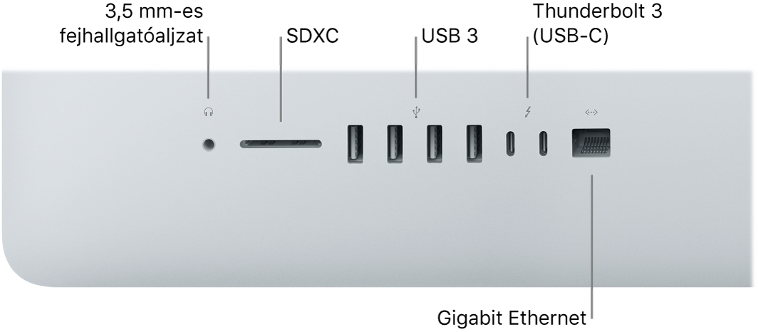 Egy iMac a 3,5 mm-es fejhallgató-csatlakozóval, az SDXC-foglalattal, USB 3-portokkal, Thunderbolt 3 (USB-C) portokkal és a Gigabit Ethernet-porttal.