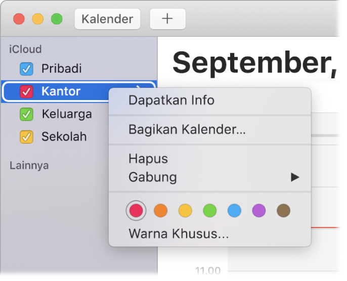 Menu pintasan Kalender dengan pilihan untuk menyesuaikan warna kalender.