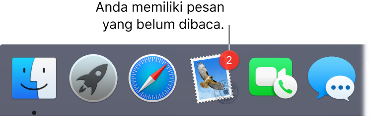 Satu bagian di Dock menampilkan ikon app Mail, dengan tanda yang mengindikasikan pesan belum dibaca.
