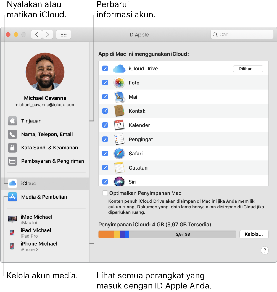 Panel ID Apple di Preferensi Sistem. Klik item di bar samping untuk memperbarui informasi akun Anda, menyalakan atau mematikan iCloud, mengelola akun media, dan melihat semua perangkat yang masuk dengan ID Apple Anda.