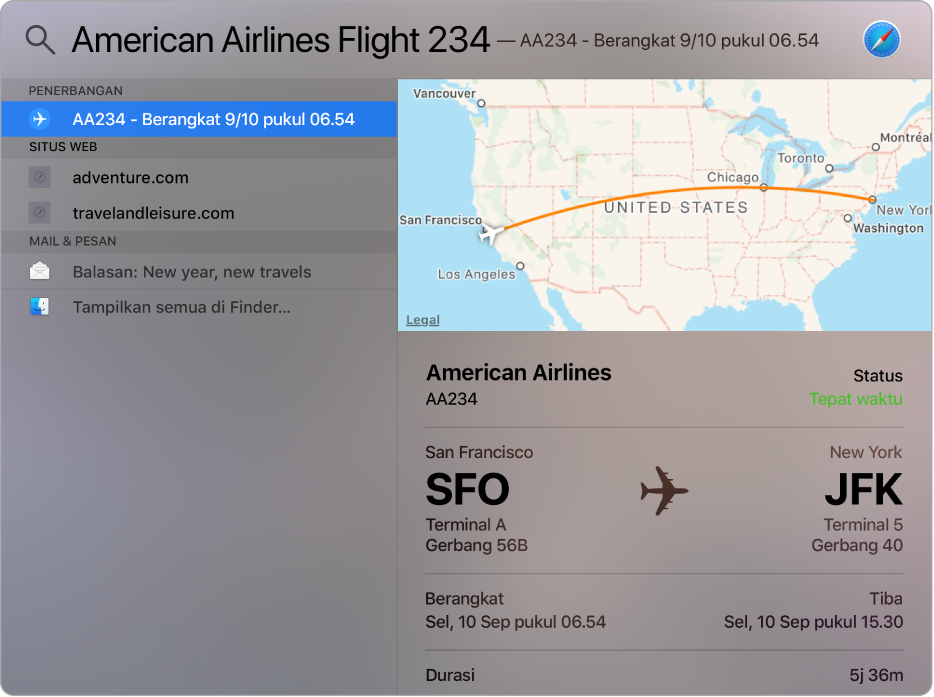 Jendela Spotlight menampilkan peta dan info penerbangan untuk penerbangan yang Anda cari.