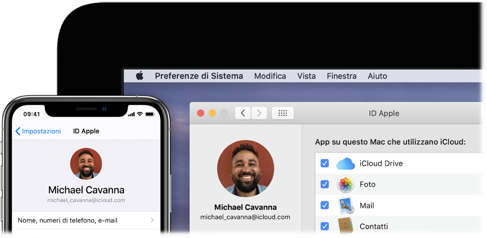 iPhone che mostra le impostazioni iCloud e uno schermata del Mac che mostra la finestra di iCloud.