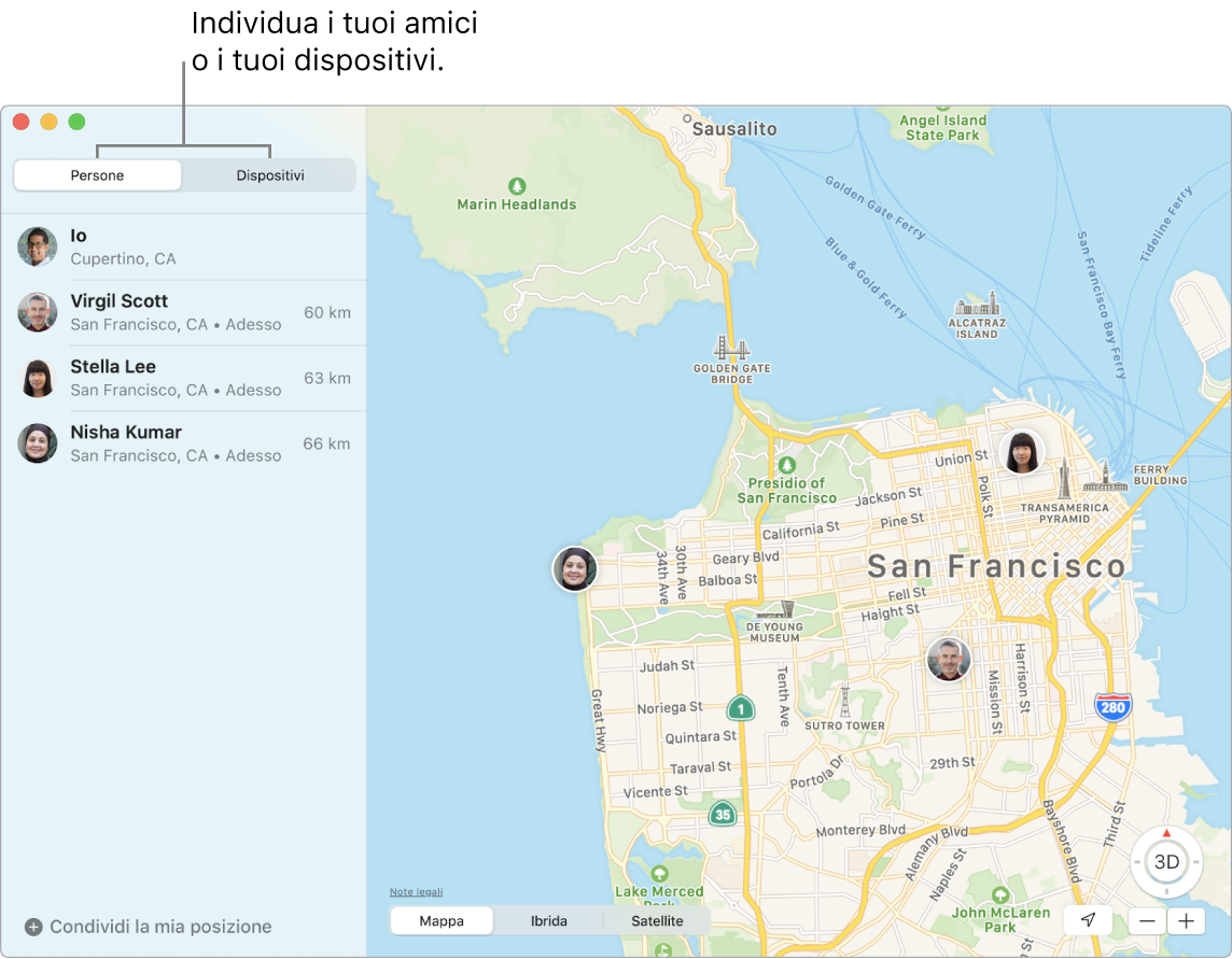 Puoi individuare gli amici o i dispositivi facendo clic sui pannelli Persone o Dispositivi. Una mappa di San Francisco con la posizione di tre amici: Valerio Scotti, Simona Larini e Nadia Conti.