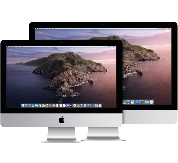 두 개의 iMac 디스플레이가 앞뒤로 있음.