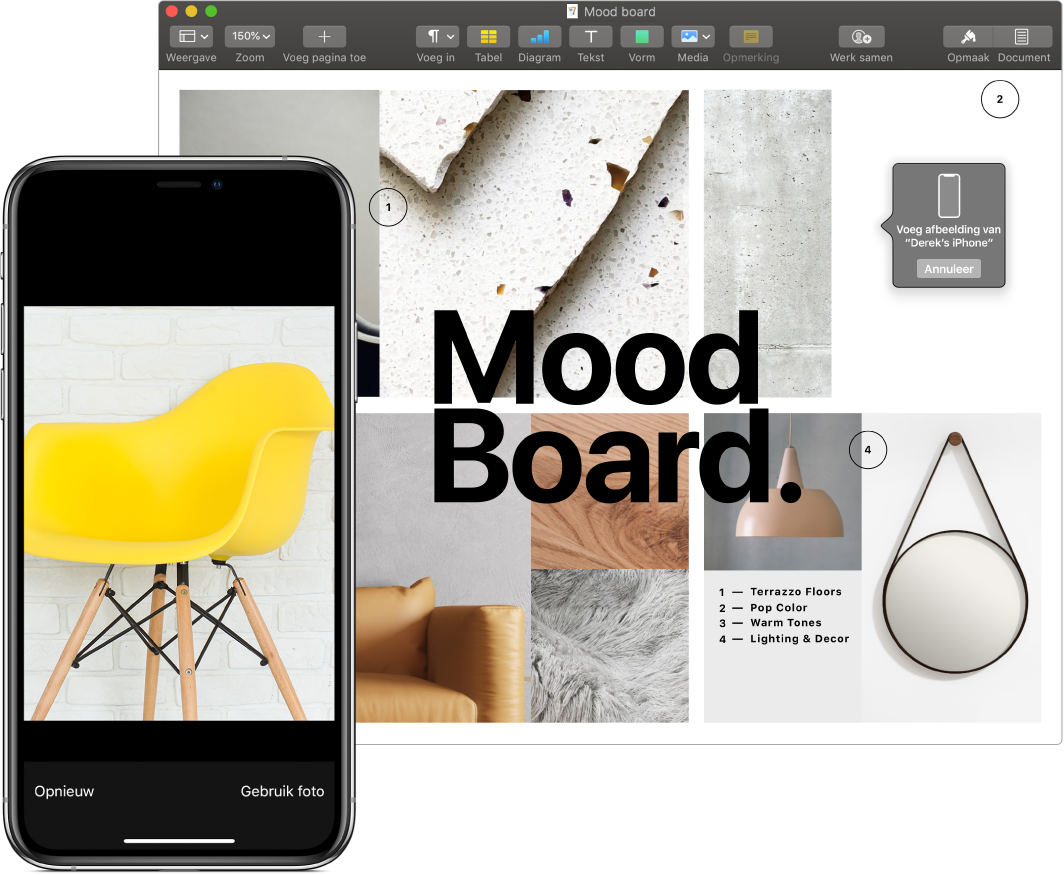 Een iPhone met een foto en een Mac-scherm met een Pages-document met een interactief vak waar de foto komt te staan.