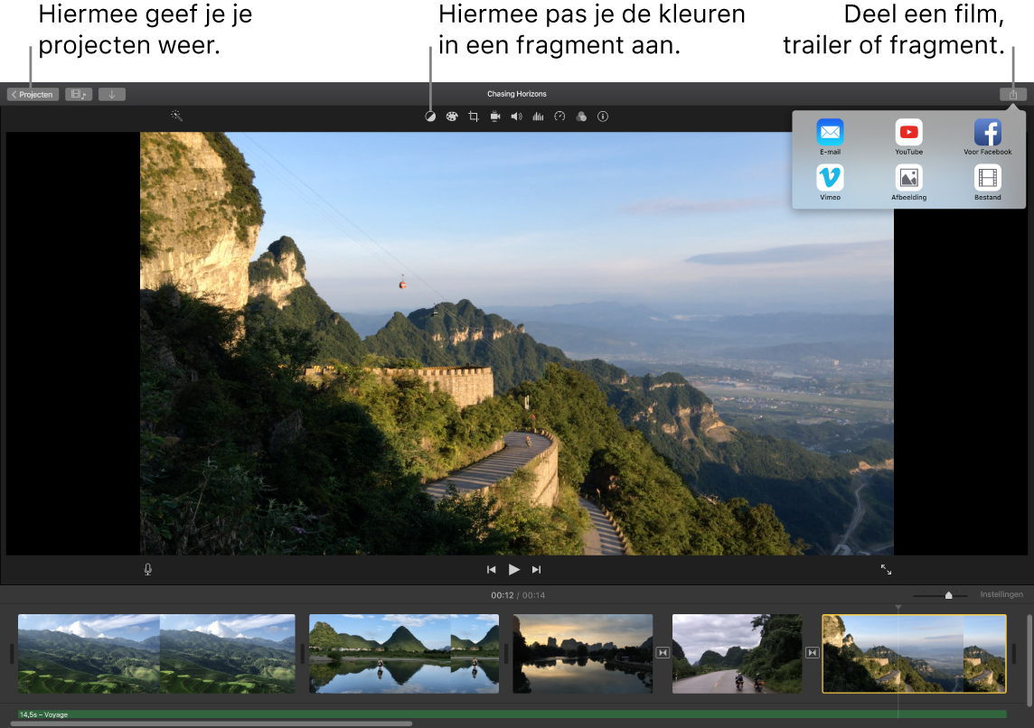 Een iMovie-venster met knoppen voor het weergeven van projecten, het corrigeren en aanpassen van kleuren en het delen van je film, trailer of filmfragment.